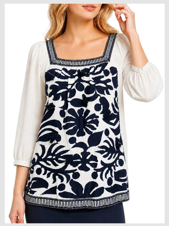 Anthropologie Tops - Anthropologie Maeve Liyah Blouse Navy Blue White Embroidered Square Neck S 6
